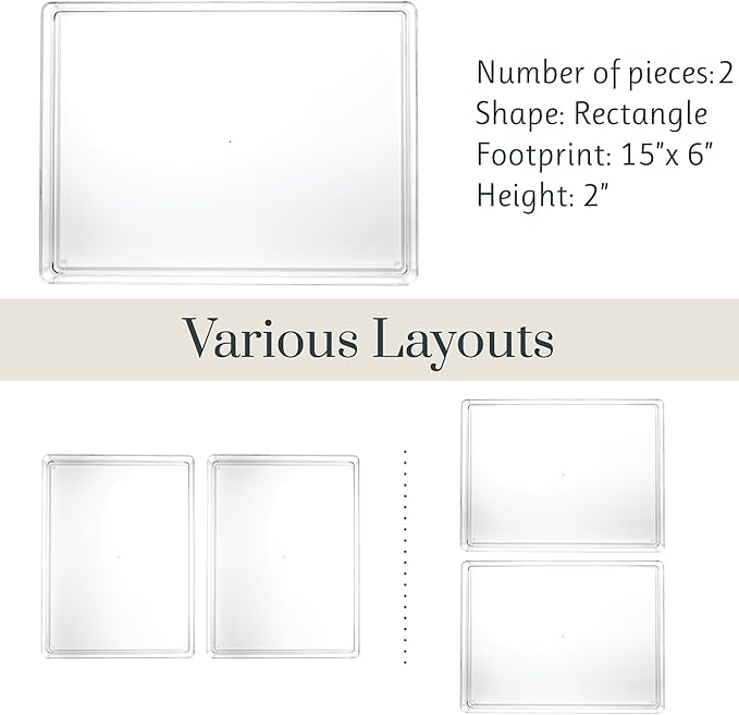 STORi SimpleSort 2-Piece Stackable Clear Drawer Organizer Set | 12" x 9" x 2" Rectangle Trays | Wide Makeup Vanity Storage Bi
