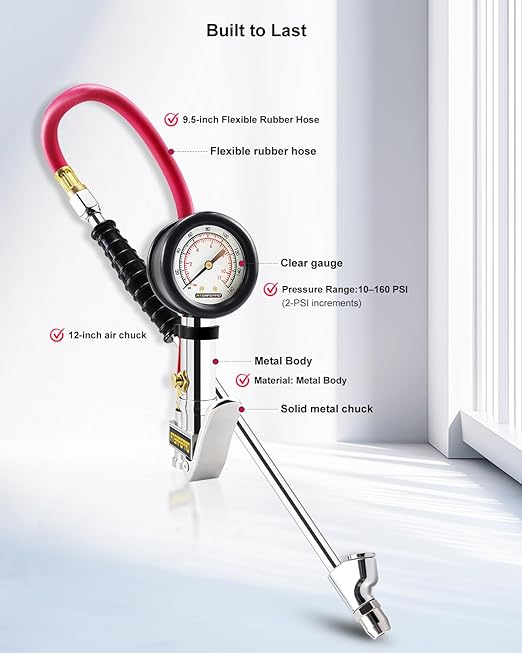 ATsafepro Tire Inflator with Gauge, 10-160 PSI, 12-Inch Extended Straight Air Chuck with Pressure Gauge for Dual Wheels, 1/4 NFT & Quick Plug, Tire Pressure Checker for Trucks, RVs, Trailers
