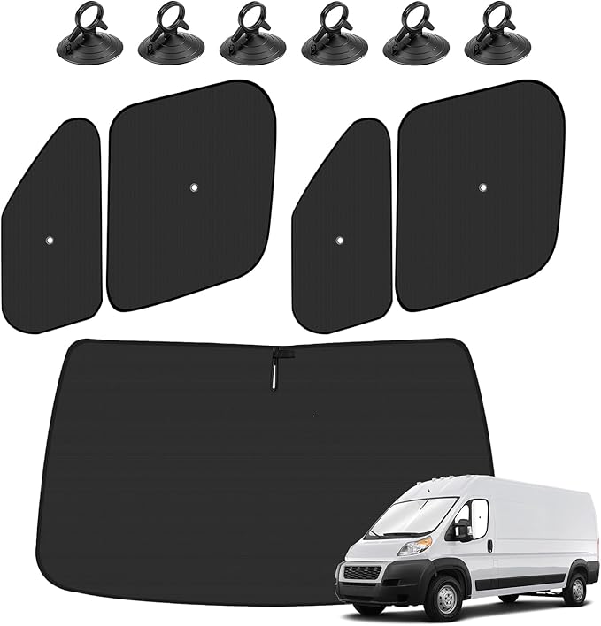 KUST 5-Pack Window Sun Shade for 2014-2025 Dodge RAM ProMaster 1500 2500 3500, Interior Accessories Cargo Van Sunshade Full Coverage Window Shades Silver & Black Shade, Sun Shield Blocks UV Rays Heat