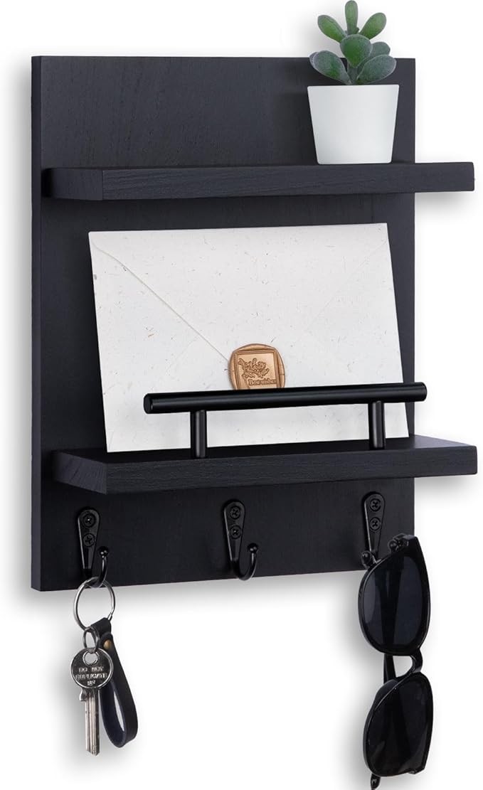Key Holder Wall Mount, Mail Shelf Decor with 3 Key Hooks, Versatile Wood Wall Organizer for Entryway Hallway (8.2” x 10.6”x 3
