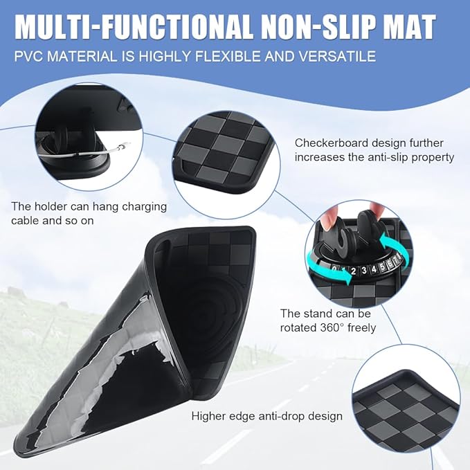 Car Anti Slip Mat Dashboard Tray Decorations Sticky Pad Thicken Washable with 360° Rotating Universal Phone Pad Holder+Number