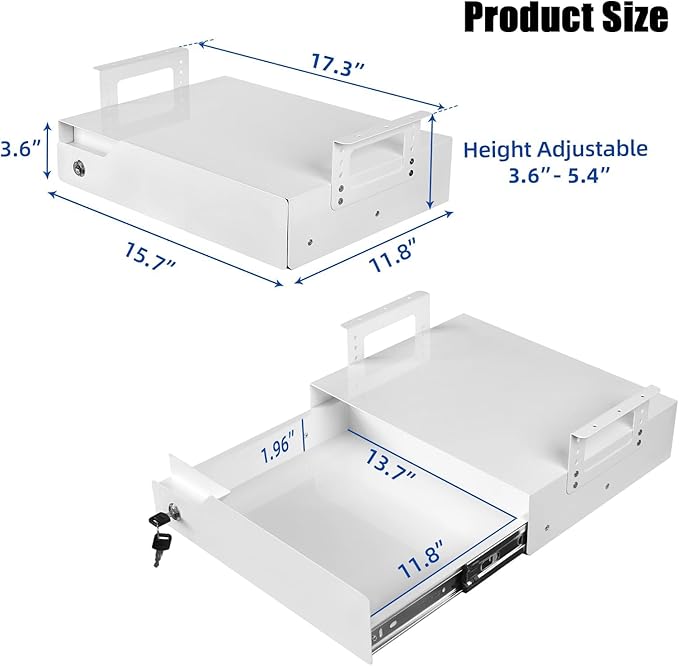 Under Desk Drawer Storage with Lock, 17.3"x11.8"x5.4", Metal Undermount Table Drawer, Ball Bearing Slides Out Tray Organizer 