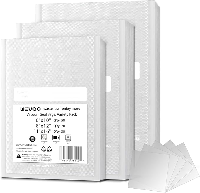 Wevac 6" x 10", 8" x 12" and 11" x 16", 150 Count, Vacuum Sealer Bags for Food Saver, Seal a Meal, Weston, Commercial Grade, 