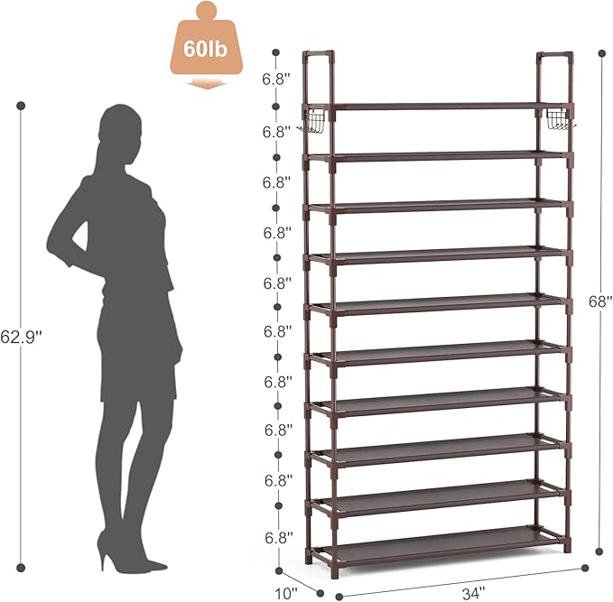 VTRIN 10 Tiers Shoe Rack Tall Large Capacity Wide Shoe Organizer Sturdy Shoe Shelf for Entryway with Two Hooks Metal Shoe Sto