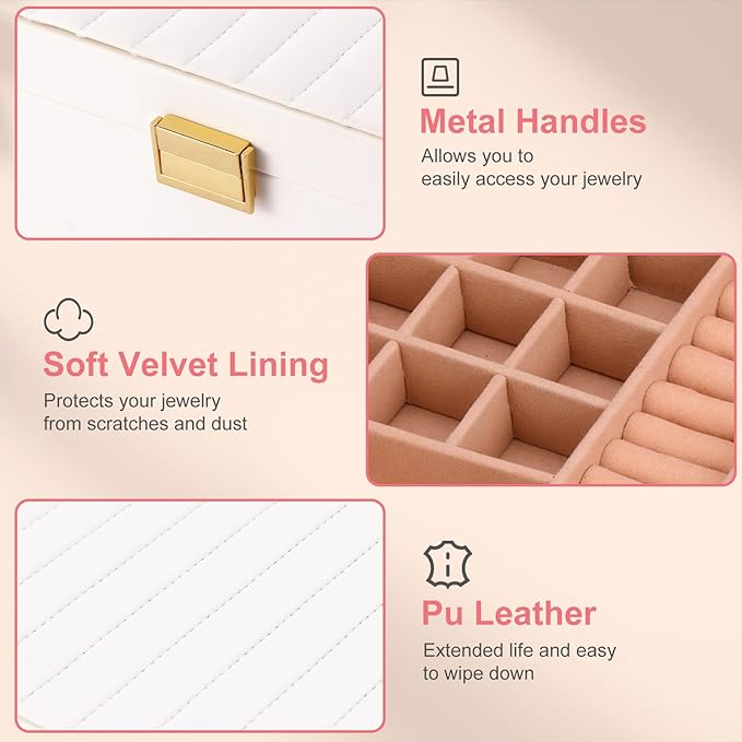 Gifturbo Women’s White Jewelry Box – Compact Travel Jewelry Case with Removable Trays, PU Leather Portable Storage Organizer 