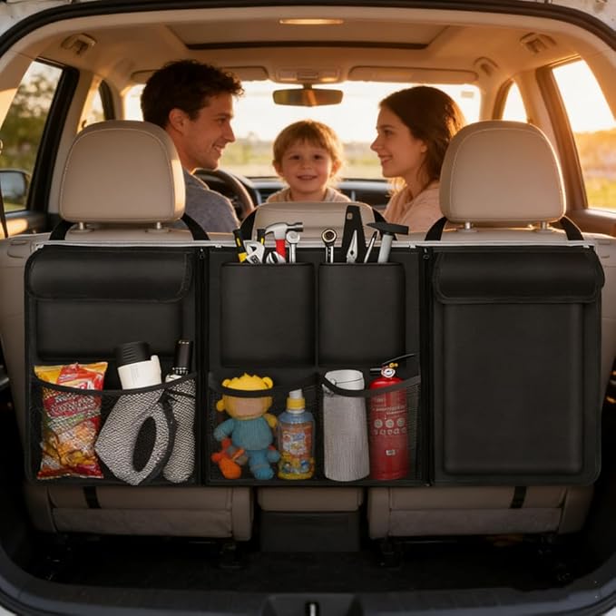 Car Trunk Organizer, Detachable Car Backseat Hanging Organizer with 7 Large Storage Pockets, Collapsible Back Seat Organizer