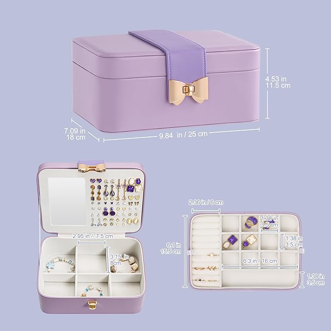 Lolalet 2 Layer Jewelry Box for Teen Girls & Young Women, Jewelry Organizer Case with Bow Clasp and Mirror for Earrings Rings