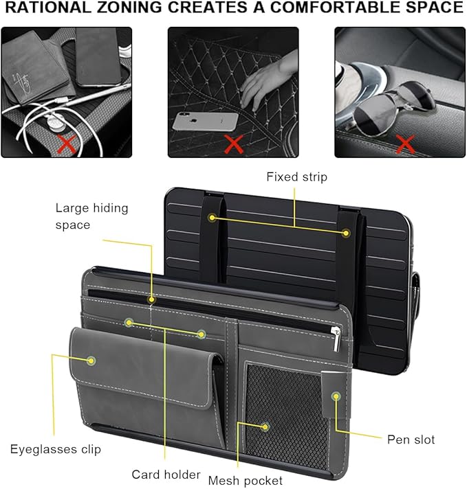 Car Sun Visor Organizer, Leather Sun Visor Pocket Organizer Case with Multi-Pocket Net Zipper, Suede Note Holder Car Visor Storage Pouch for Card Pen Sunglasses Document (Brown)