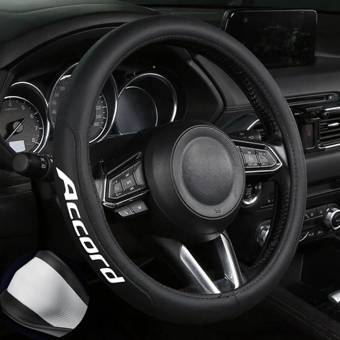 Leather Steering Wheel Cover with a Rubber Inner Ring fit for 14-15 Inch Breathable Lightweight Easy to Install Compatible wi