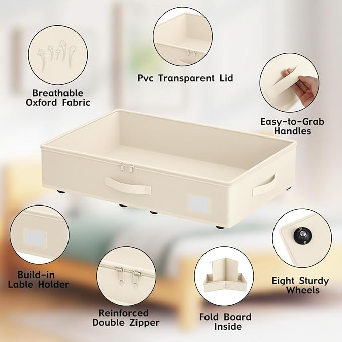 Under Bed Storage with Wheels, No Assemble Required 5.5 inches height beige under bed storage bins,Low Profile Rolling Underb