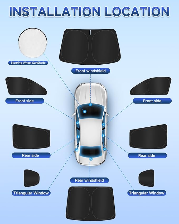 8PCS Window Shades for Dodge Charger 2011-2025 Accessories – Full Coverage Sun Shade for Side Windows, Rear Triangular & Windshield – UV Protection & Privacy for Camping, Napping, Relaxing