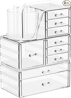 SuoXing 3 Pack Clear Acrylic Makeup Organizer for Vanity With 9 Drawer, Skincare Organizers Countertop With Make up Brush Hol