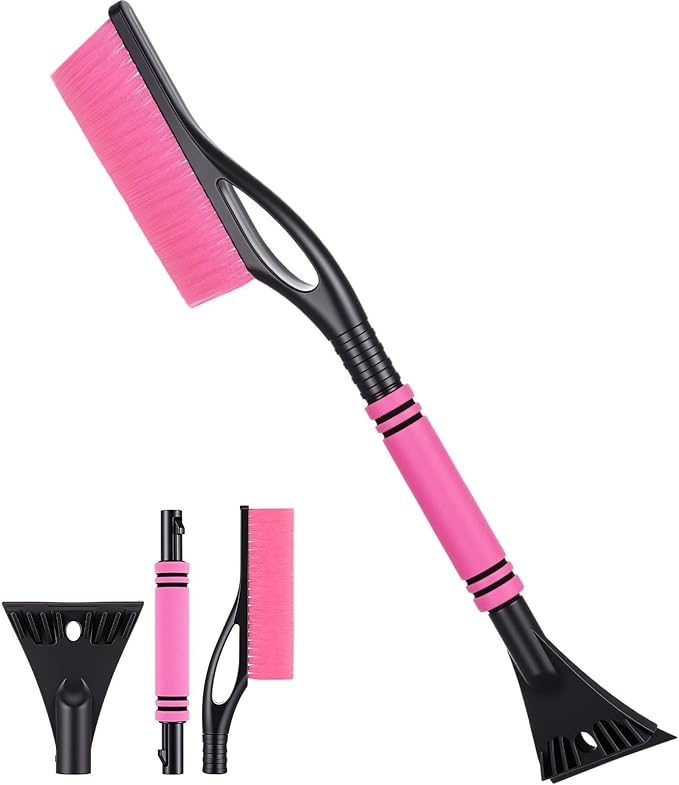 Lasnten 24'' Snow Brush and Ice Scraper for Car Windshield, 2 in 1 Detachable Snow Scraper with Soft Grip Handle and Additional Handhold, Multi-functional Removal Tool for Car, Truck, SUV, Pink