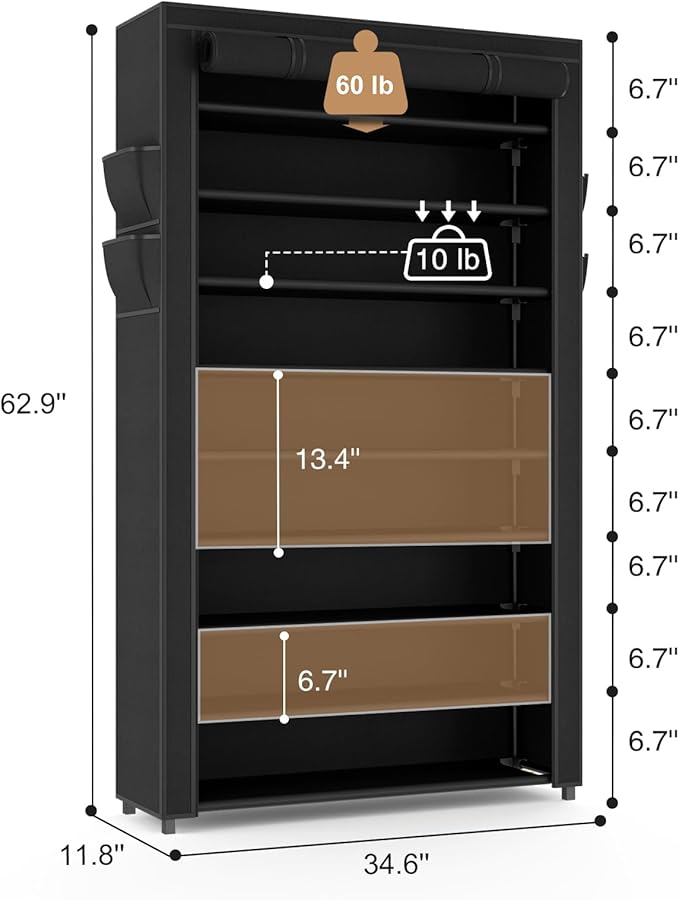 VILICK Shoe Rack with Cover Narrow Shoe Organizer with Pockets 10 Tier Tall Shoe Storage Holds 36-41 Pairs Shoes and Boots Sh