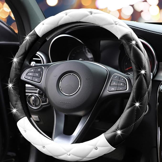 YOGURTCK Cute Diamond Soft Leather Anti-Slip Steering Wheel Cover with Bling Bling Crystal Rhinestones, Universal 15 Inch for