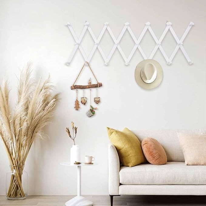 SCUNDA Wall Rack with 20 Hooks, Wooden Wall Expandable Coat Rack for Coat, Hats, Baseball Caps, Coffee Mug, Jewelry(White)