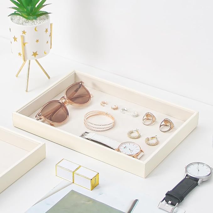 Stackable Jewelry Organizer Tray For Drawers,White Leather Small Earring Storage Tray,Bracelet And Necklace Display Box,Jewel
