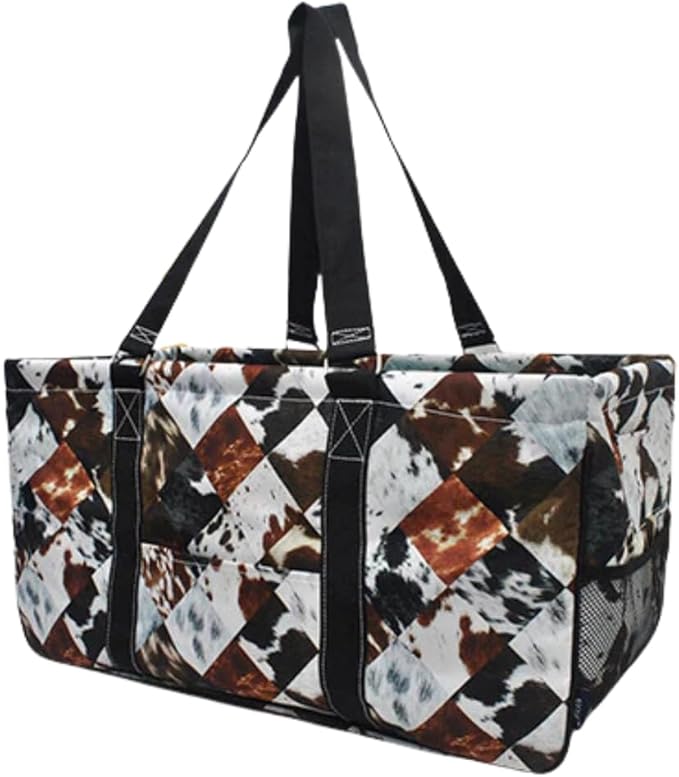 NGIL Extra Large Utility Tote Reusable Grocery Bag Oversized Collapsible for Groceries, Storage, Picnic, Beach (Cow Tile Print-Black)