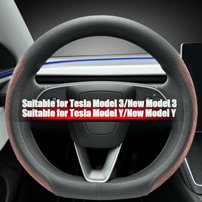 LKWLIKEI Leather Steering Wheel Cover. Elegant Diamond Checkered Design, Non-Slip and Breathable, for Tesla Model 3/Y Steerin