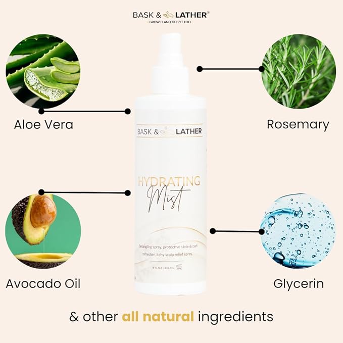 BASK & LATHER Hydrating Hair Mist, Leave-In Conditioner, Itchy Scalp Relief, Detangler, Curl Definer, Aloe Vera, Avocado Oil,
