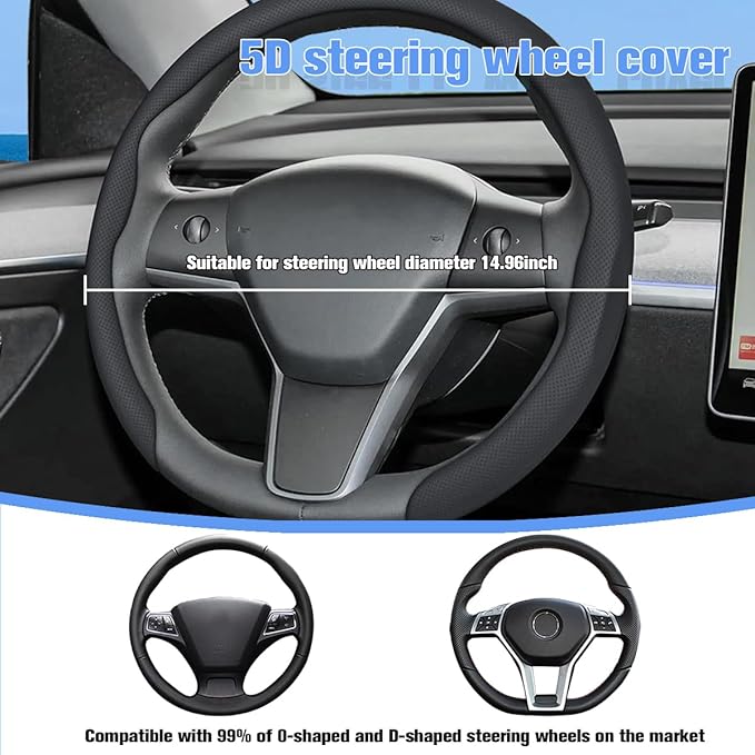 Car Nappa Leather Steering Wheel Cover, 15" Fashionable 5D Anti-Slip Vehicle Steering Wheel Protector, Breathable Auto Interi