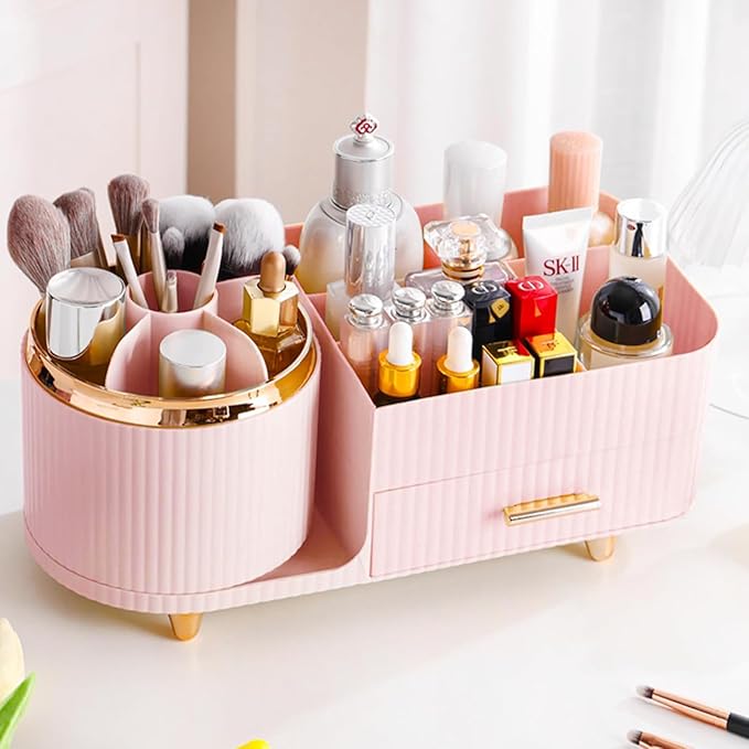 Rotating Makeup Organizer for Vanity with Brush Holder and Drawer, Cosmetic Makeup Storage, Large Spinning Makeup Skincare Or