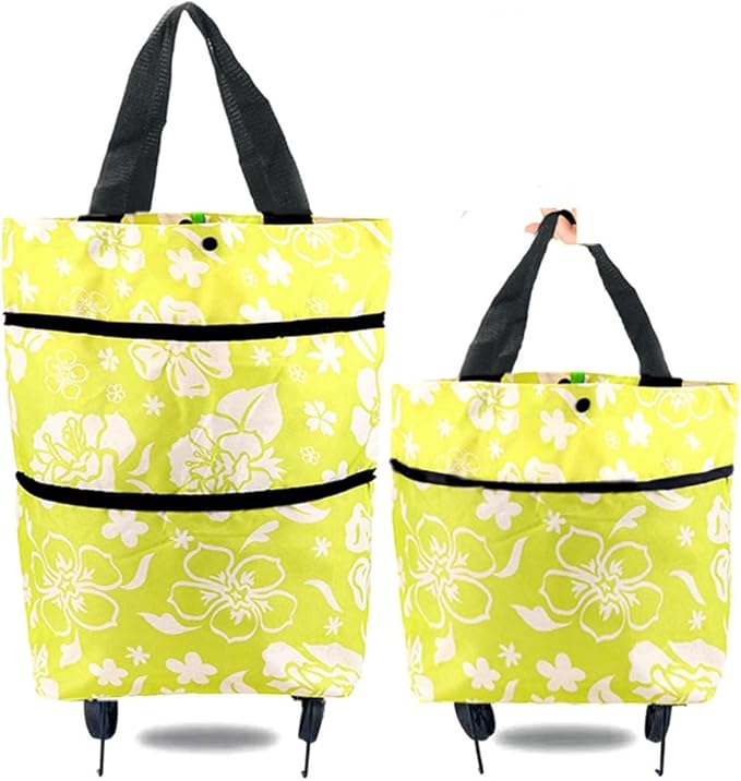 Reusable Grocery Bags with Waterproof Coating and Folding Wheels - Foldable Tote Bags for Shopping, Multi-Purpose Storage for Groceries（Light Green Flower）