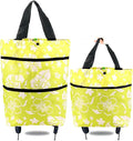 Reusable Grocery Bags with Waterproof Coating and Folding Wheels - Foldable Tote Bags for Shopping, Multi-Purpose Storage for Groceries（Light Green Flower）