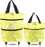 Reusable Grocery Bags with Waterproof Coating and Folding Wheels - Foldable Tote Bags for Shopping, Multi-Purpose Storage for Groceries（Light Green Flower）