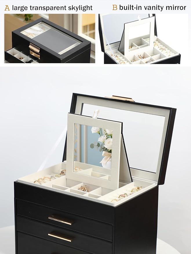 BOOVO Jewelry Boxes for Women, White and Black 6 Layer Large Jewelry Box for Necklace, Bracelet, Earrings, Rings Storage, Jew
