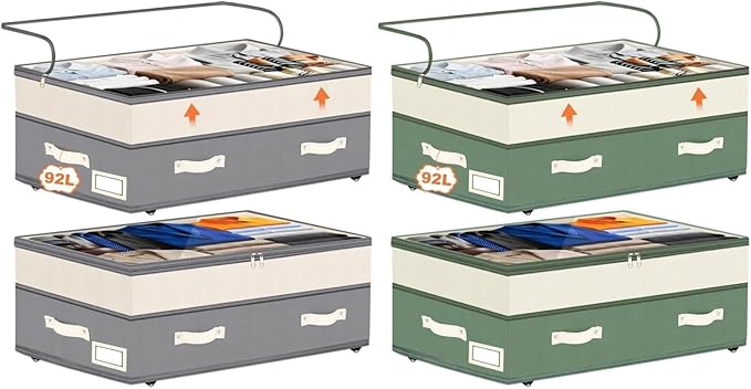 Dolicer 4 Pack 92L Under Bed Storage with Wheels, 6in-10in Height Adjustable Underbed Storage Containers (Grey & Green)