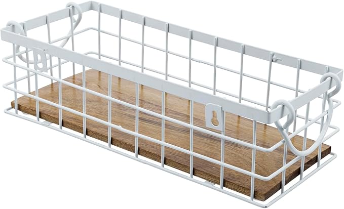 MyGift 13 and 12 Inch Nesting Storage Baskets with Handles, Wall Mounted or Tabletop White Metal Wire and Premium Acacia Wood