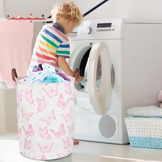 CLOCOR Pink Laundry Basket,Waterproof Nursery Hamper for Baby Girl ,Collapsible Storage Baskets for Girls Bedroom,Kids Toys S