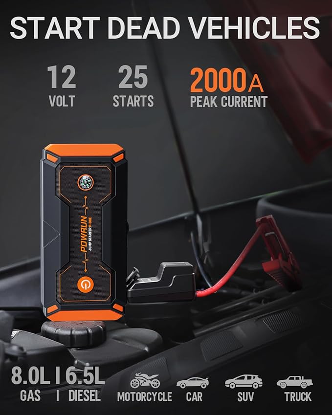 Powrun P-ONE Jump Starter 2000A Portable Jump Box - Car Jump Starter Battery Pack for up to 8.0L Gas and 6.5L Diesel Engines