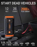 Powrun P-ONE Jump Starter 2000A Portable Jump Box - Car Jump Starter Battery Pack for up to 8.0L Gas and 6.5L Diesel Engines