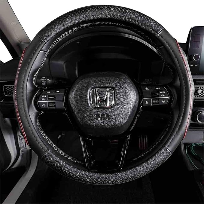 EKR Universal 15 inch Leather Steering Wheel Cover - Genuine Leather, Breathable, Anti Slip & Odor Free (Black with Red Lines, M(14" 1/2-15" 1/4))