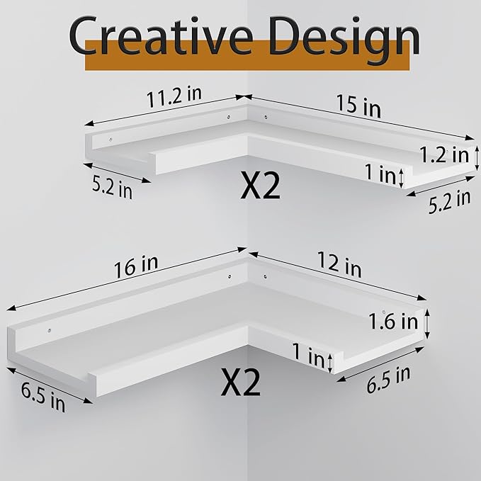 4-Tier White Corner Floating Shelves Wall Mounted - Floating Shelves with Lip, Solid Pine Wooden Corner Wall Shelf for Wall D