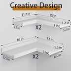 4-Tier White Corner Floating Shelves Wall Mounted - Floating Shelves with Lip, Solid Pine Wooden Corner Wall Shelf for Wall D