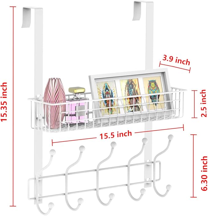 Coat Rack, Over The Door Hanger with Mesh Basket, Detachable Storage Shelf for Towels, Hats, Handbags, Coats (White)