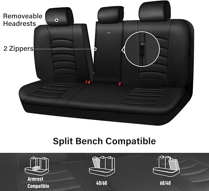 CAR PASS Leather Back Seat Cover, Universal Waterproof Bench Rear Seat Cover Zipper Split Rear Bench Protector Fit 95% Automo