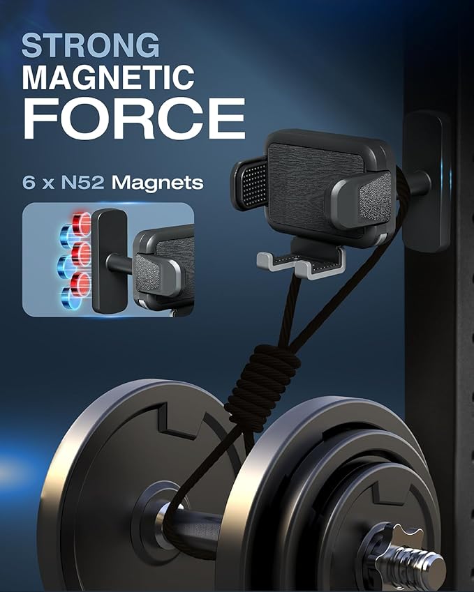 OEO Magnetic Phone Holder for Gym | Magnet Gym Phone Mount with Quick Release Clamp for Android & iPhone | Compatible with 4”–7.1” Phones & Thick Cases | Gym Accessories for Men & Women