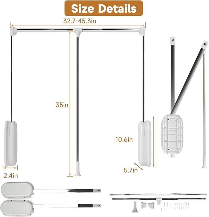 Pull Down Closet Rod White, Adjustable 33-45 inches Side Mounted Closet Rod, Two-way Buffering 60 lbs Heavy Duty Wardrobe Lif