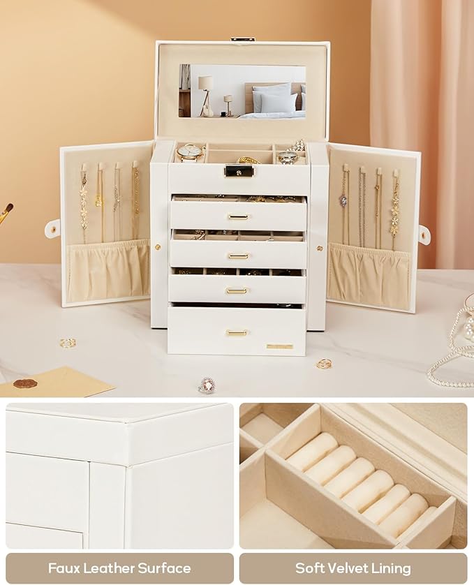 Homde Synthetic Leather Huge Jewelry Box Mirrored Watch Organizer Necklace Ring Earring Storage Lockable Gift Case (White + G