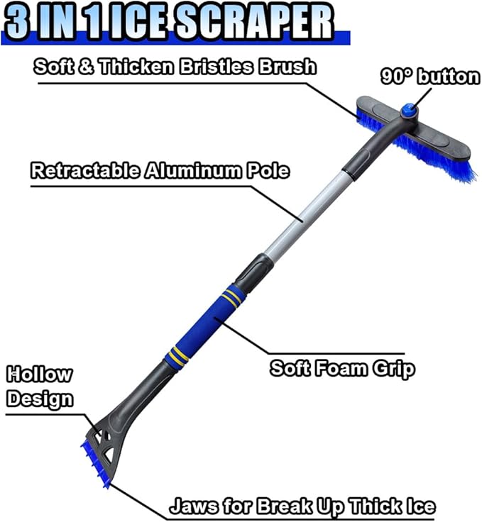 31.5" Detachable Snow Brush and Ice Scraper for Car Windshield, 2-in-1 Winter Snow Removal Tool with Extendable, 360° Rotating Soft Bristle Brush Head and Foam Grip for Most Vehicles (2PCS&Blue)