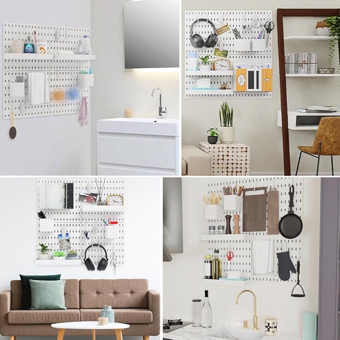 16pcs Pegboard sets, Plastic White Peg board Wall Organizer Kits,4pcs Peg Board and 12 Accessories Modular Hanging, Wall Moun