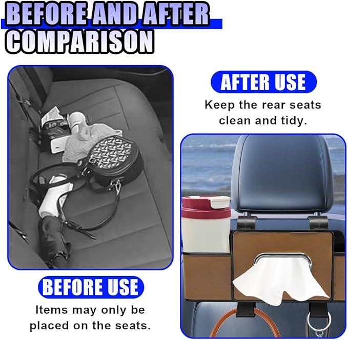 YoRise Multifunctional Car Back Seat Organizer, Leather Automotive Headrest Phone & Tissue & Cup Holder with Hooks, Family Travel Vehicle Backseat Storage Box for Drink, Snack, Handbag (Brown)