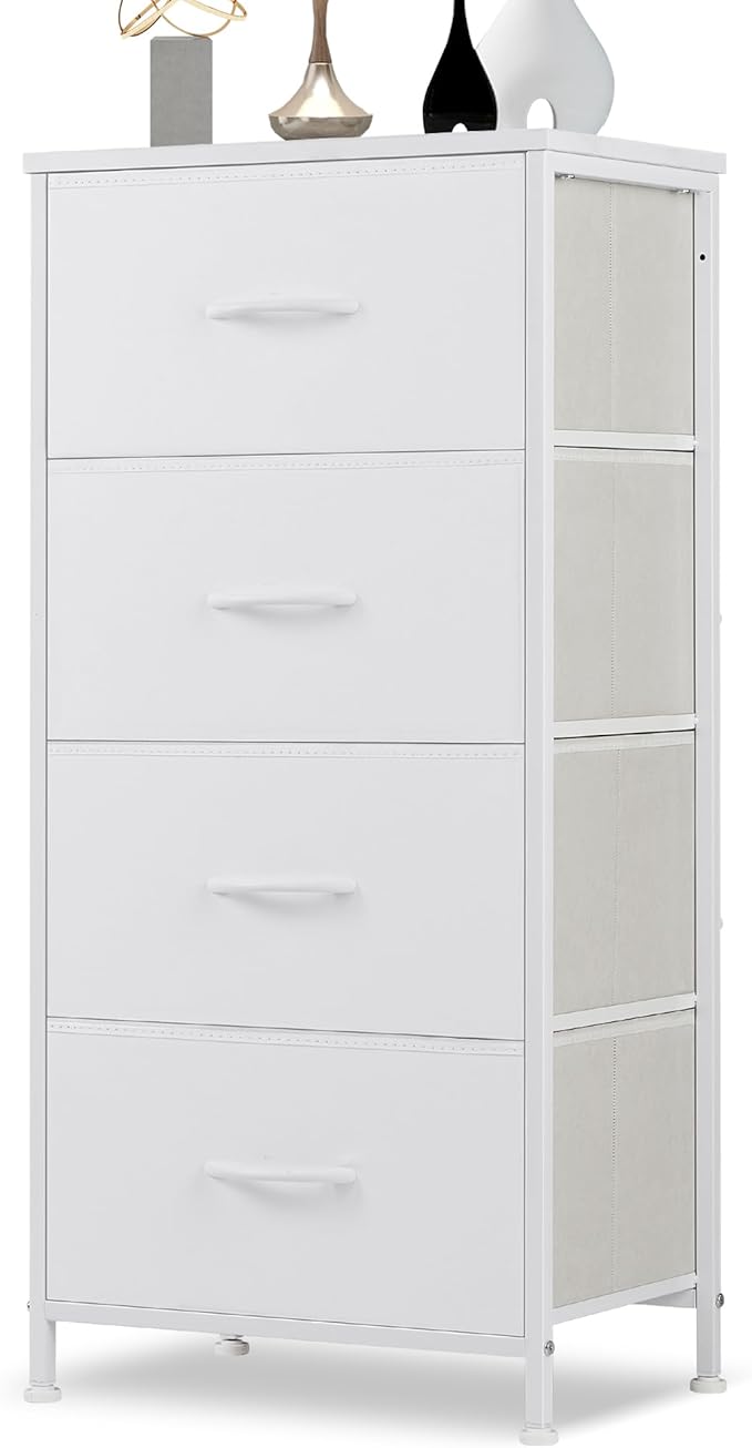 DUMOS Dresser for Bedroom, 4 Storage Drawers, Tall Fabric Closet Chests Organizer Tower Furniture with Wooden Top Metal Frame