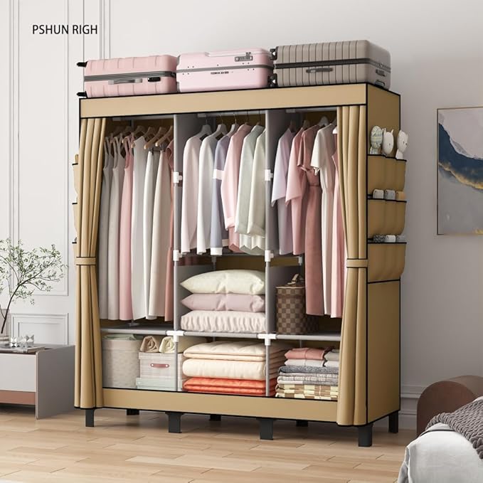 Portable Closet, 51.18" Large Capacity Clothing Storage Organizer with 3 Hanging Rods 6 Shelves 18 Side Pockets, Dustproof St