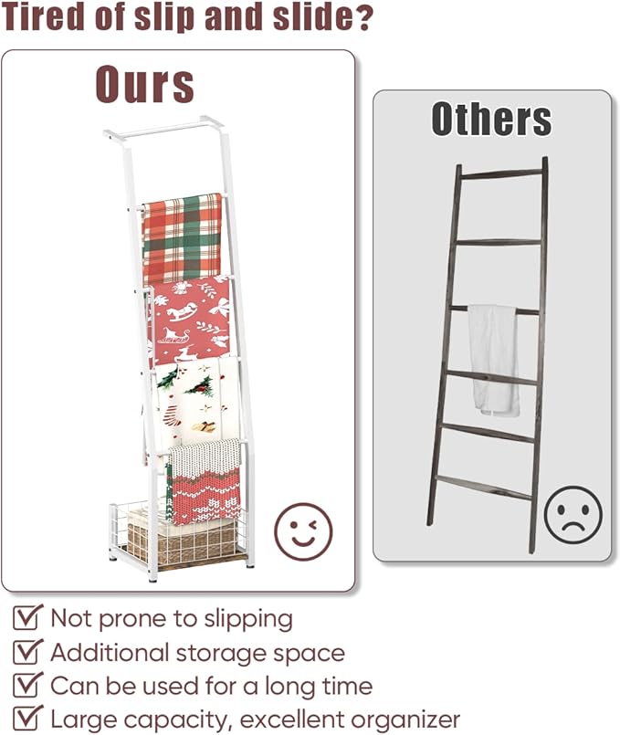 6.3ft Blanket Ladder with Storage Basket, 5 Tier Decorative Ladder Shelf Stand for Living Room & Bedroom, Wall-Leaning Blanke