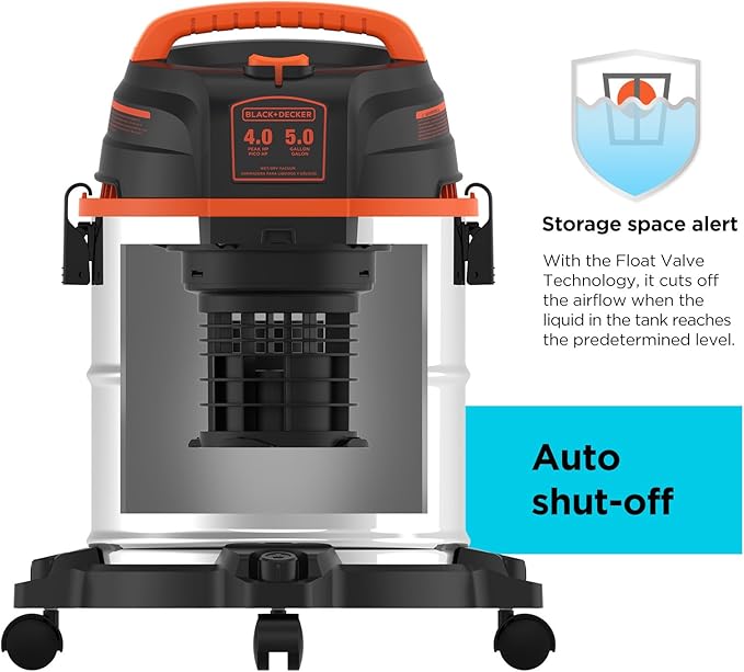 BLACK+DECKER Shop Vacuum Wet and Dry, 5 Gallon 3-in-1 Stainless Steel Shop Vac with Accessories, 4 HP Vacuum Cleaner, for Wor